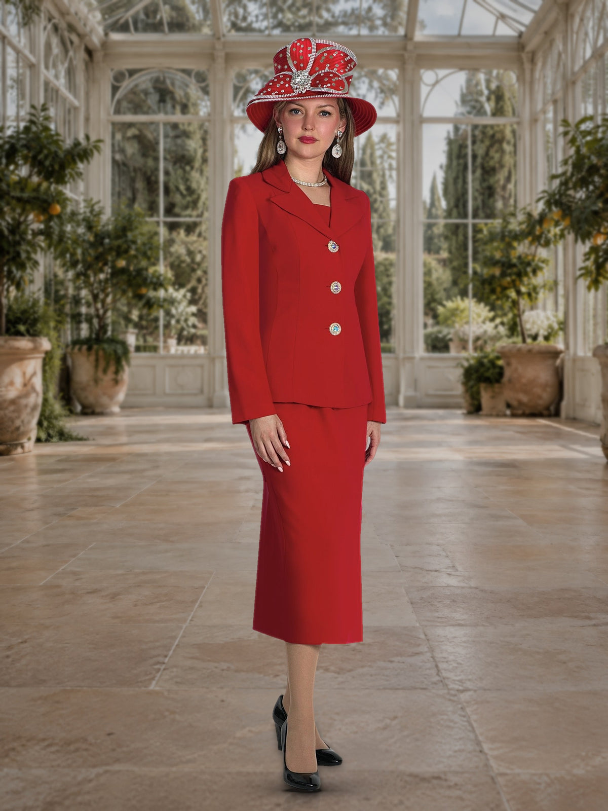 3-Piece French Crepe Skirt Suit w/ Rhinestone Button