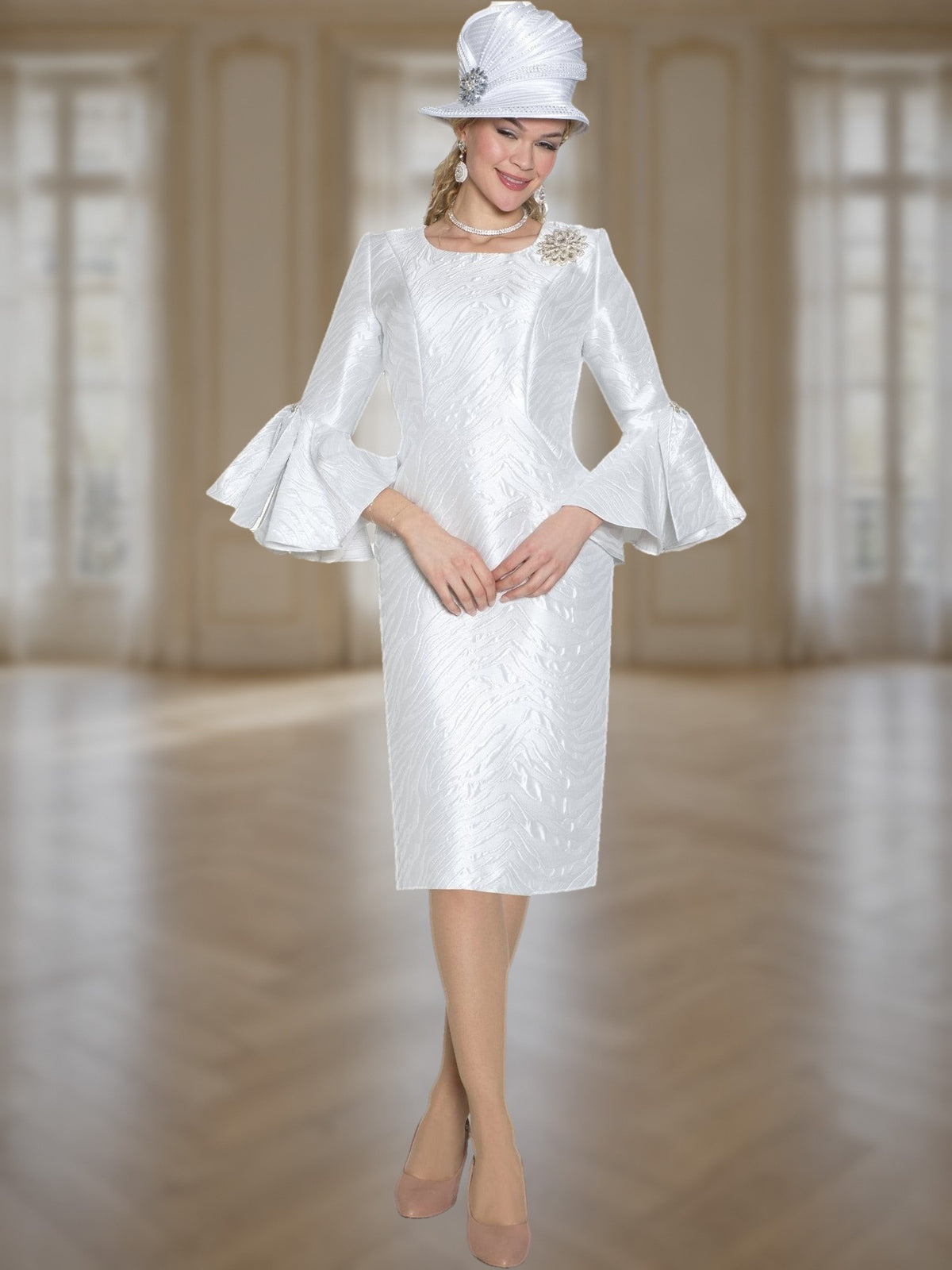 Light Jacquard Dress w/ Ruffle Sleeves & Rhinestone Brooch