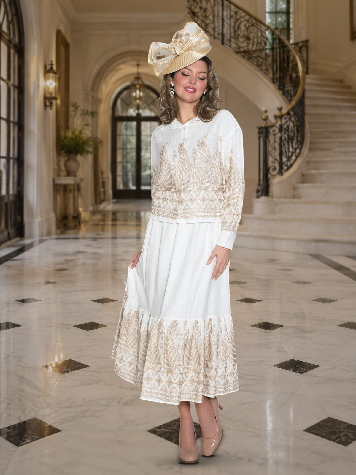 2-Piece Embroidery Skirt Suit w/ Flounce Skirt