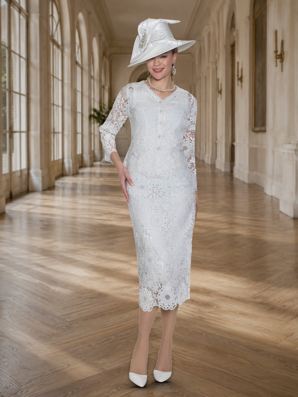 3-Piece Elegant Lace Skirt Suit W /rhinestone Buttons