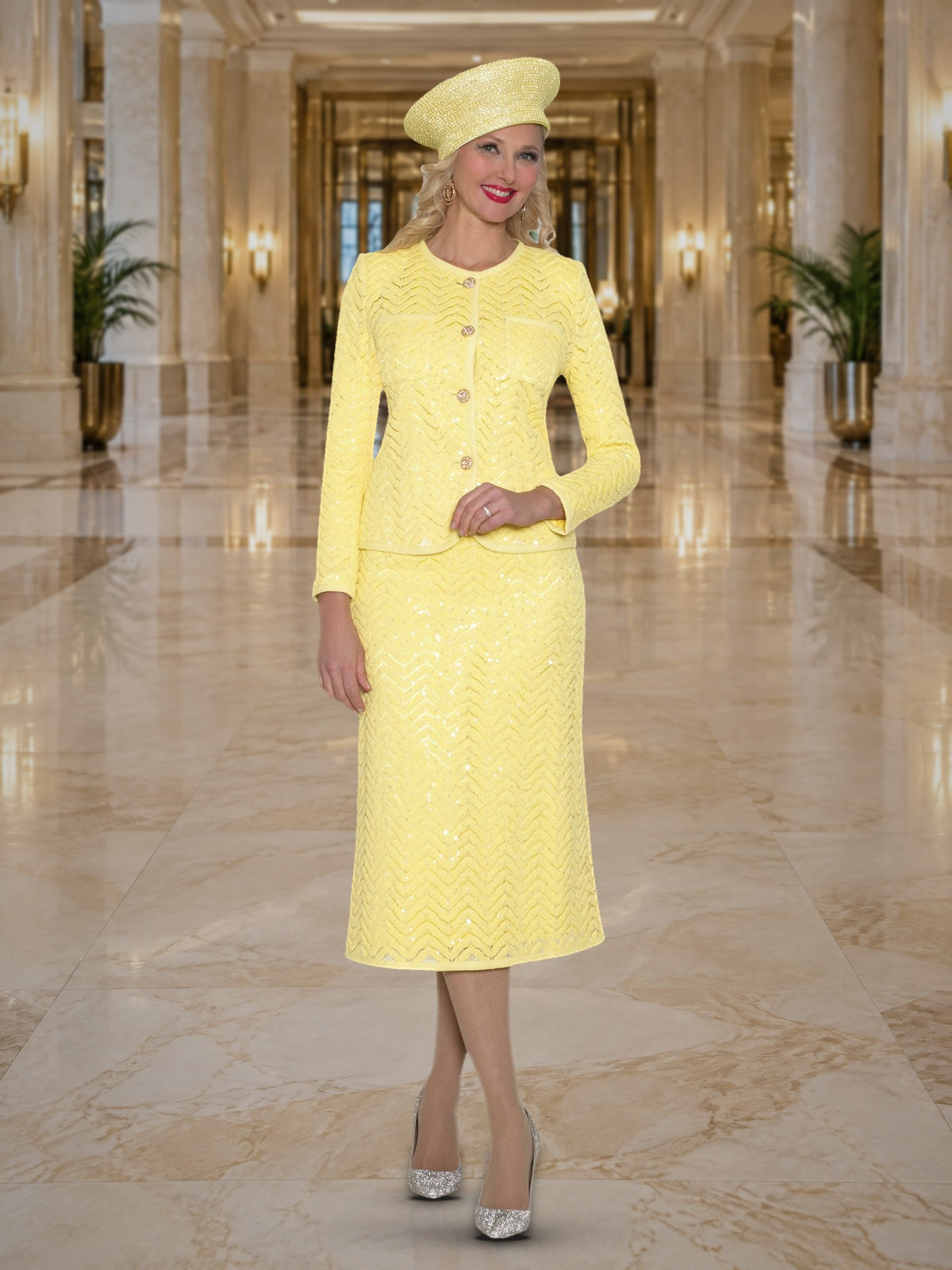 2-Piece Sequin Lace Skirt Suit w/ Rhinestone Buttons
