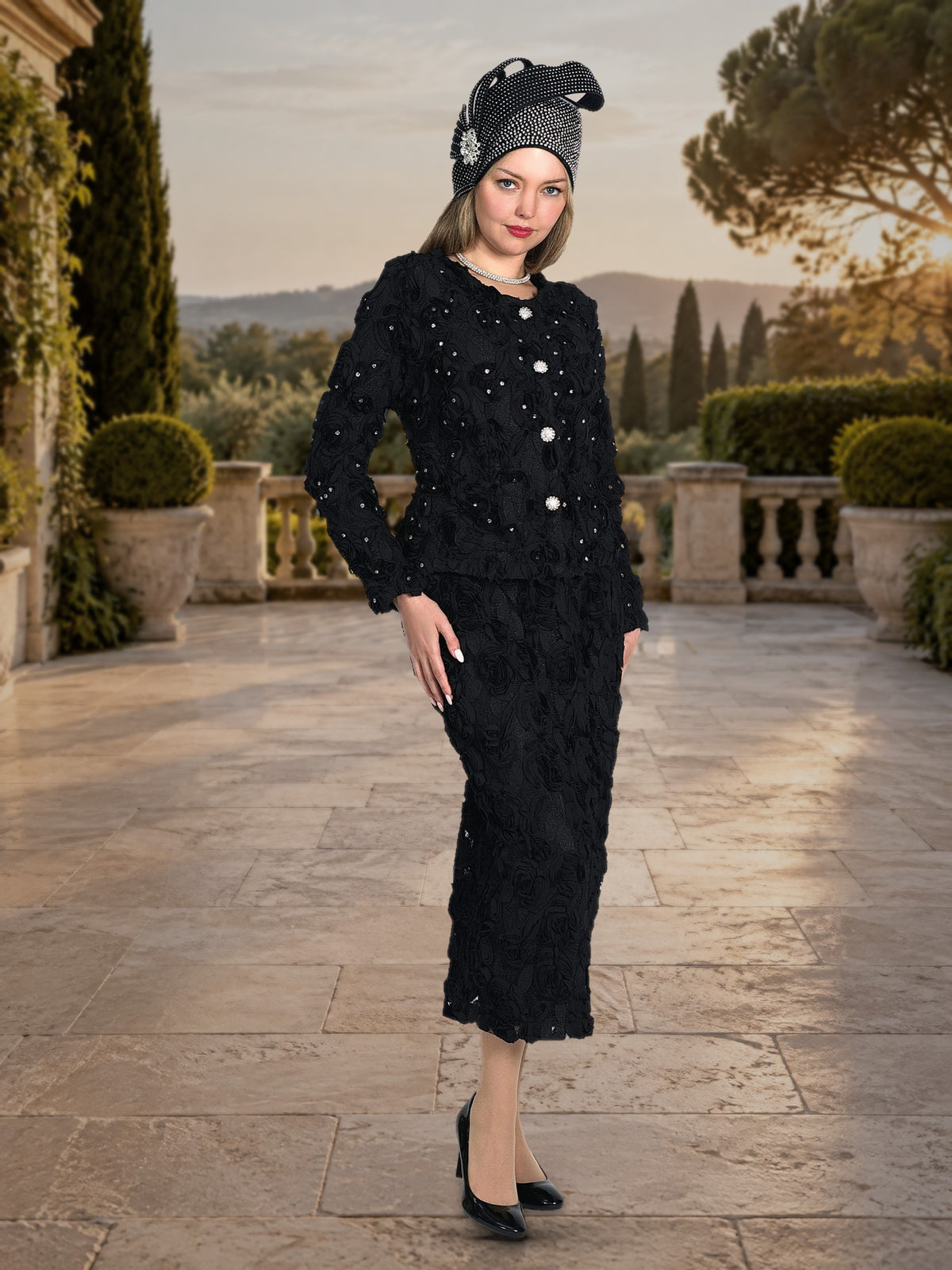 3-Piece Mesh Lace Skirt Suit w/ Allover Rosettes w/ Rhinestones