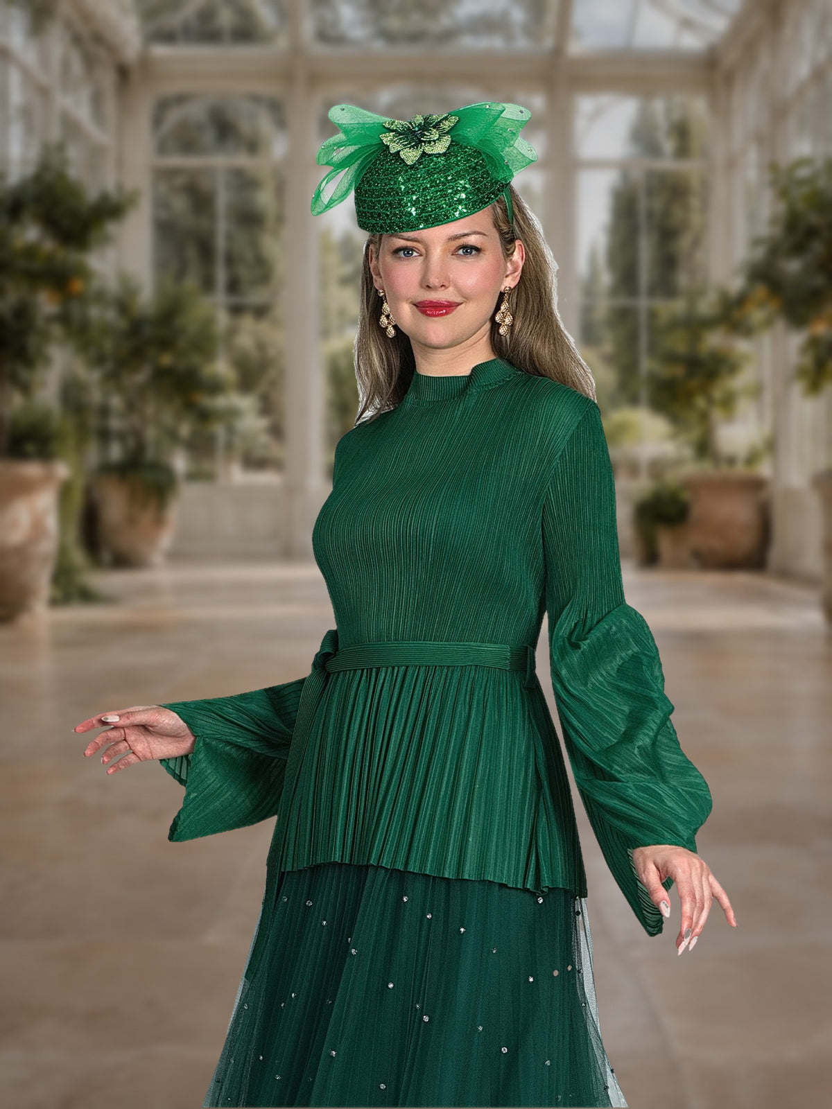2-Piece Fine Pleated Blouse w/ Elegant Maxi Tulle Skirt w/ Rhinestone