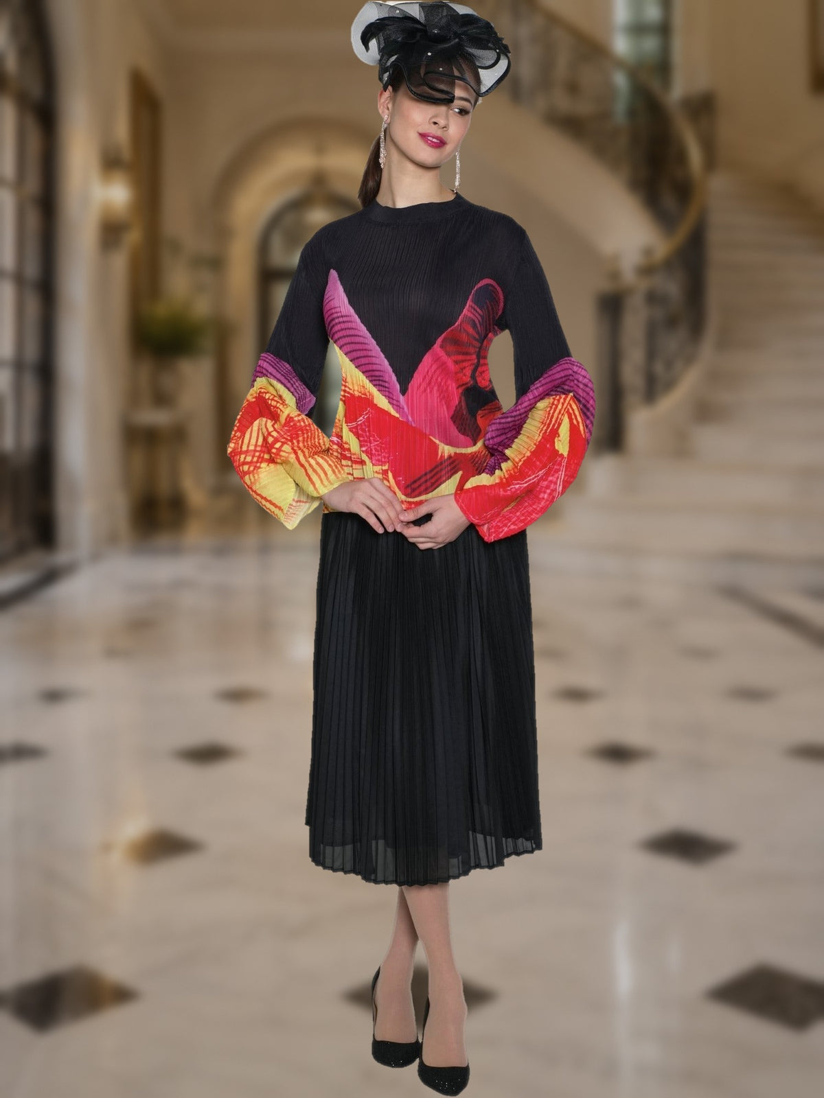 2-Piece Fine Pleated Blouse & Skirt