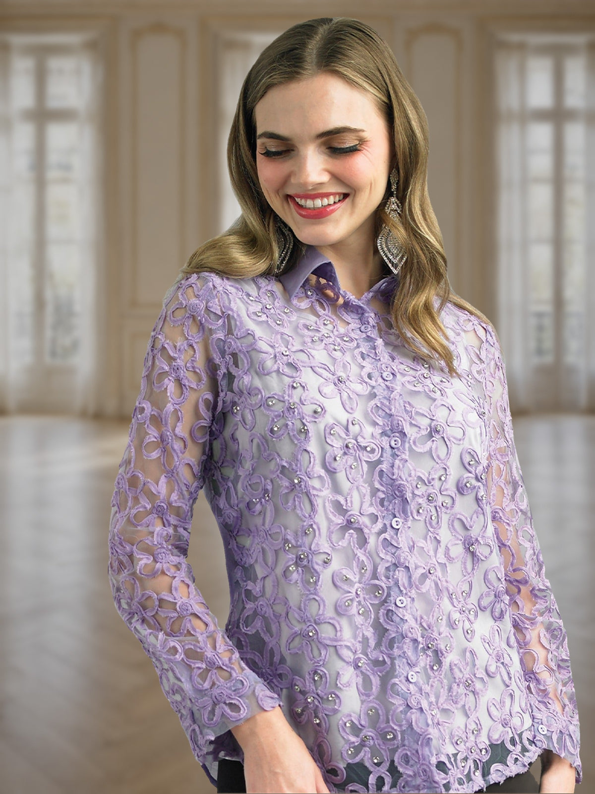 2-Piece Organza Embroidery Blouse w/ Rhinestone Trimming