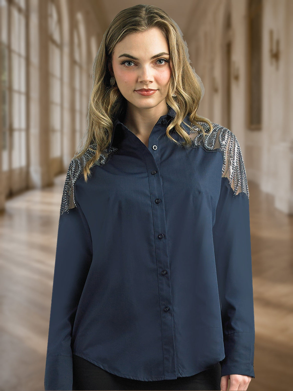 2-Piece Cotton Blend Blouse w/ Shoulder Sequin Trimming