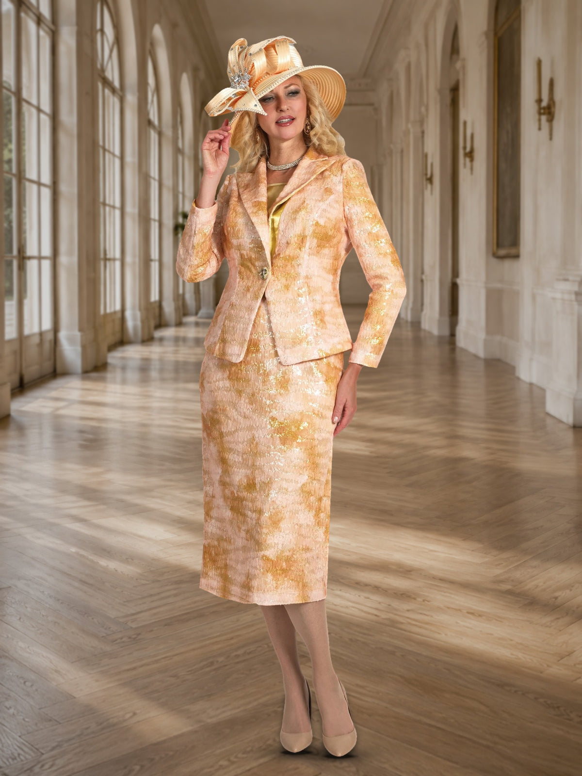 3-Piece Light Shimmer Chiffon Skirt Suit w/ Rhinestone Buttons
