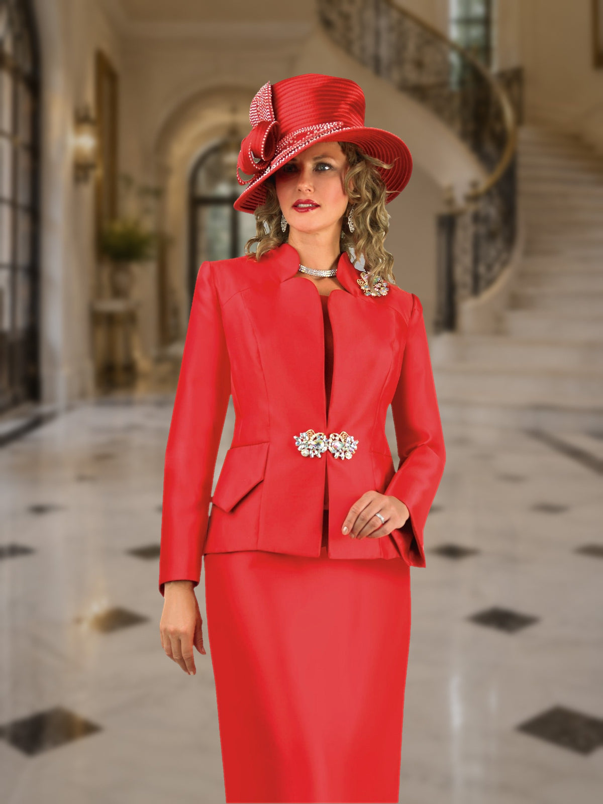 3-Piece Silky Twill Skirt Suit w/ Rhinestone Closure & Brooch