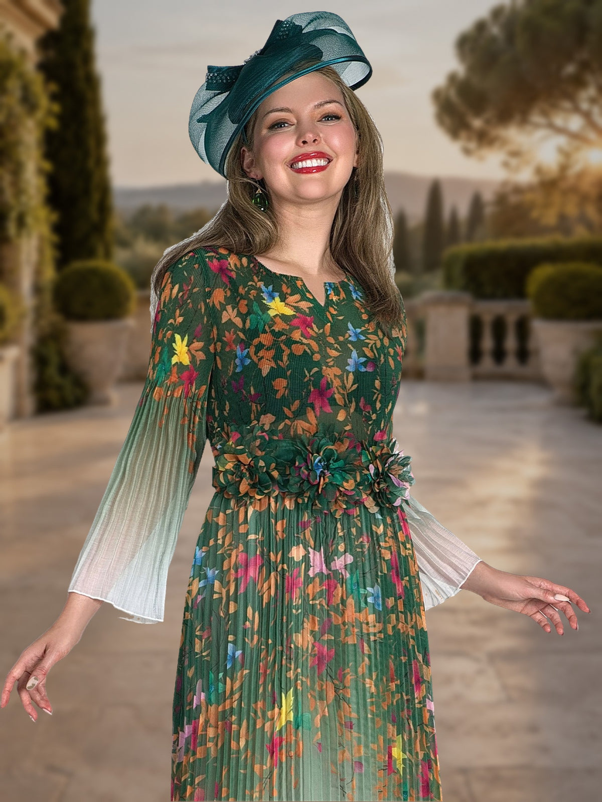 3-Piece Silky Twill Skirt Suit w/ Flare Sleeves & w/ Rhinestone Button & Brooch