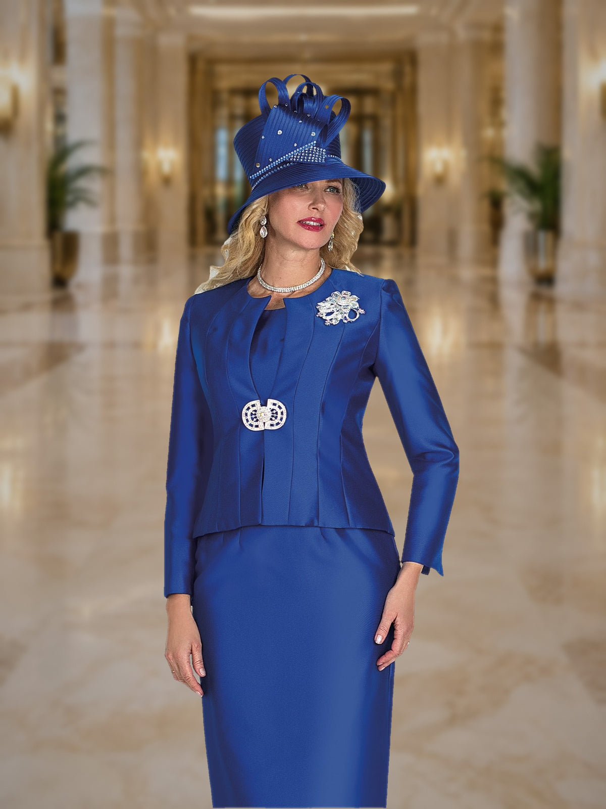 3-Piece Silky Twill Skirt Suit w/ Rhinestone Closure and Brooch