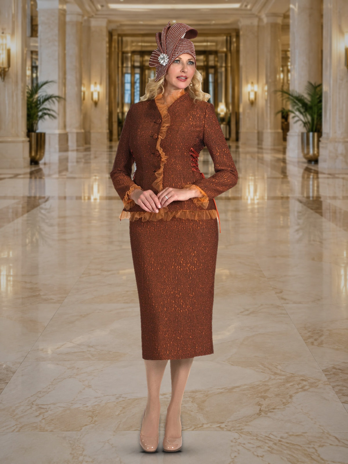 2-Piece Light Jacquard Skirt Suit w/ Chiffon Trimmed Jacket and Sleeves