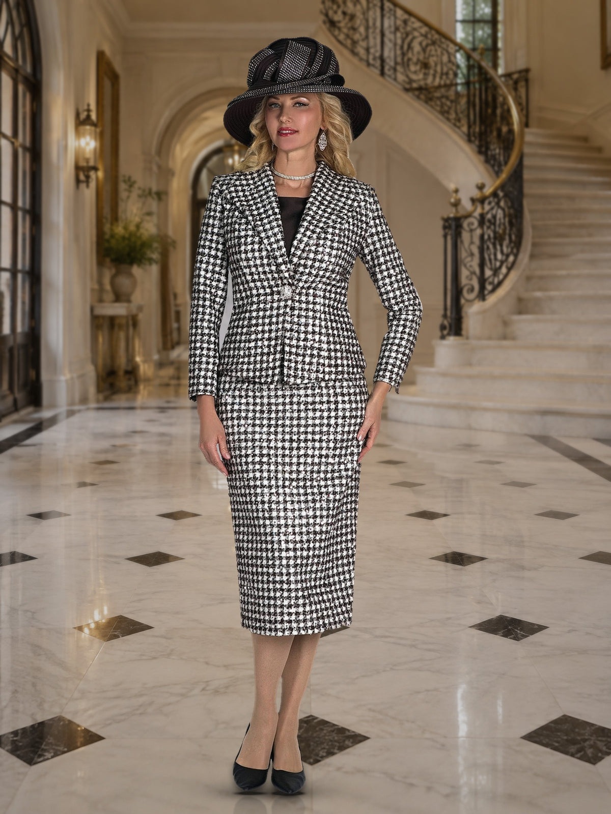 Fine Couture Tweed Skirt Suit w/ Rhinestone Buttons