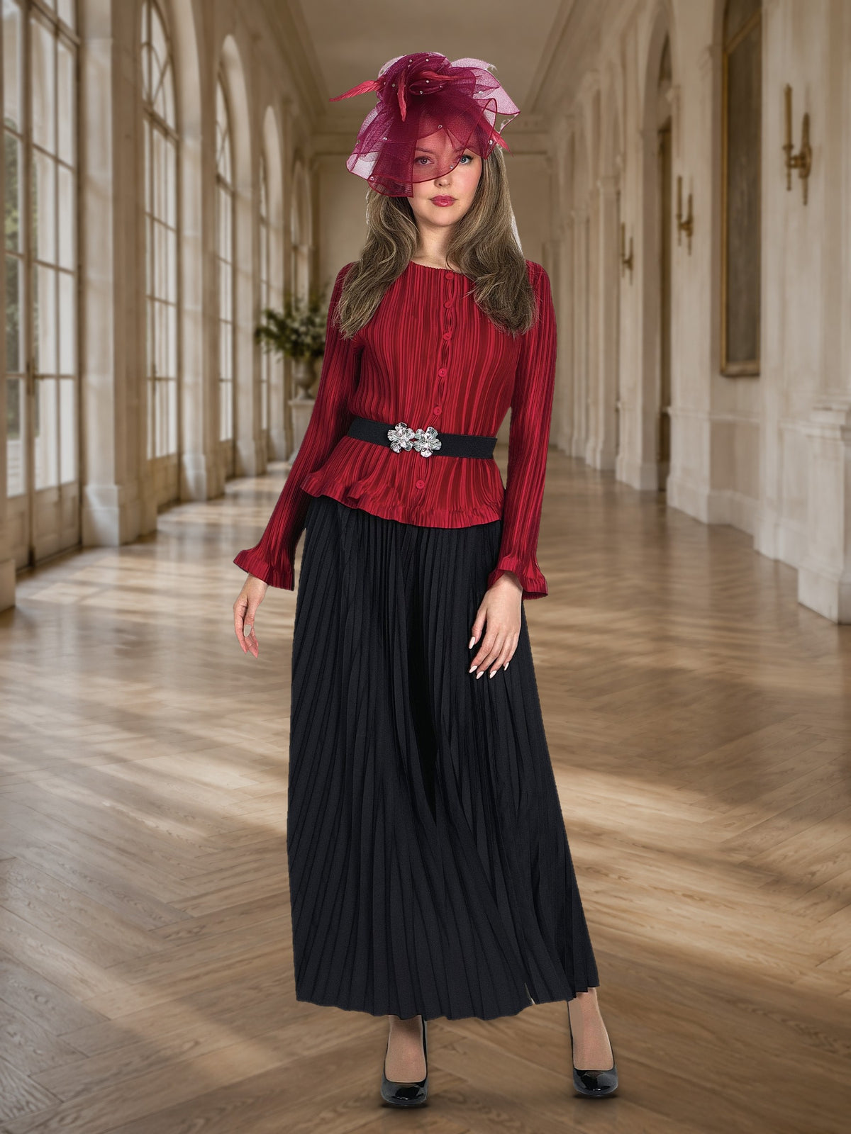 2-Piece Pleated Blouse/pant Suit w/ Removable Belt