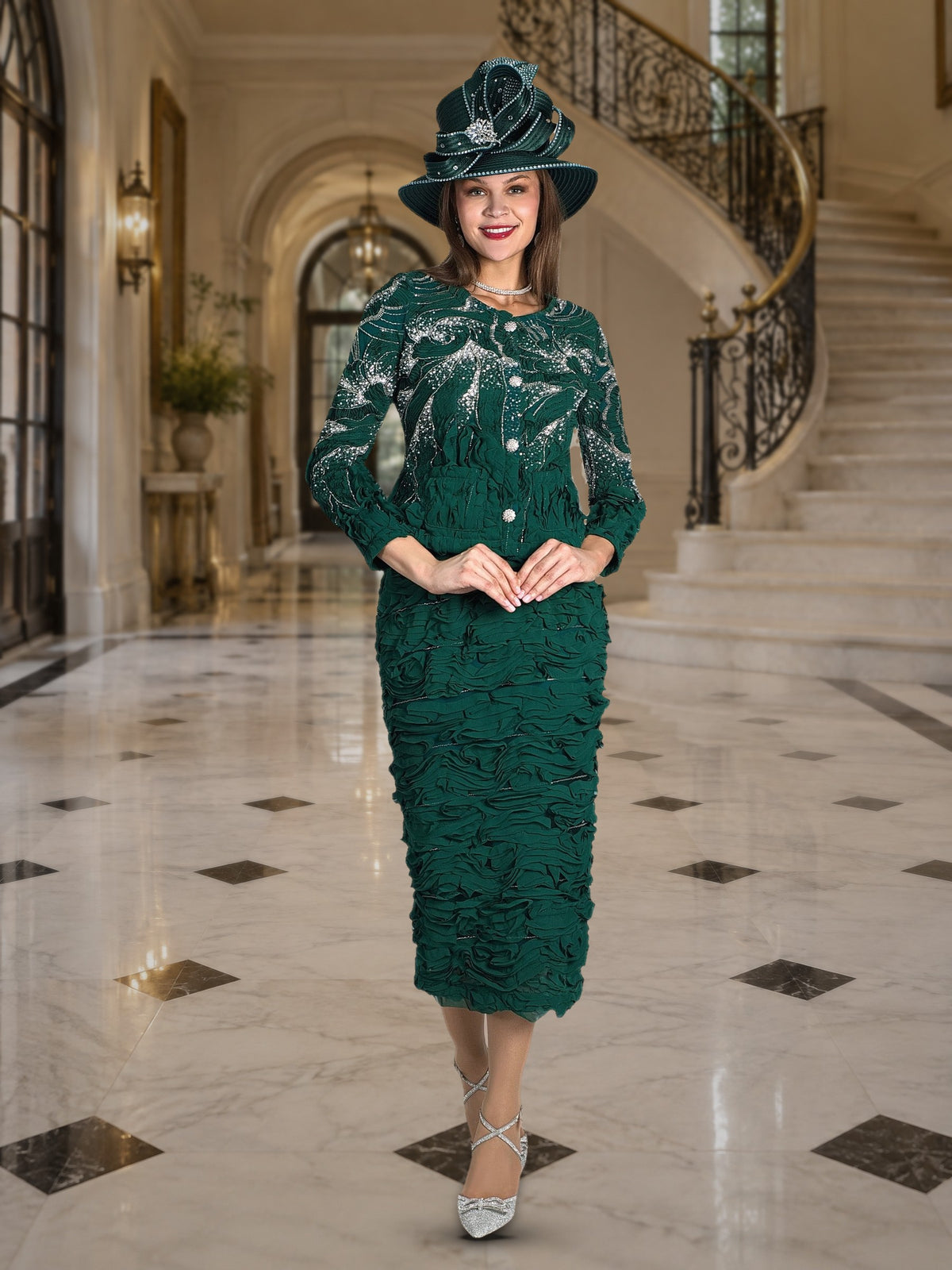 3-Piece Fine Chiffon Skirt Suit w/ Rhinestone Trim