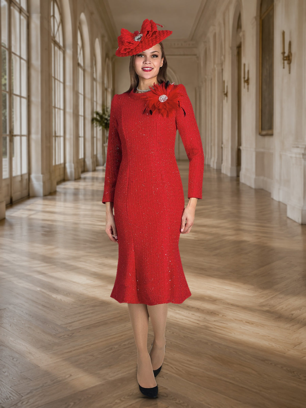 Fine Tweed Dress w/ Feather Rhinestone Brooch