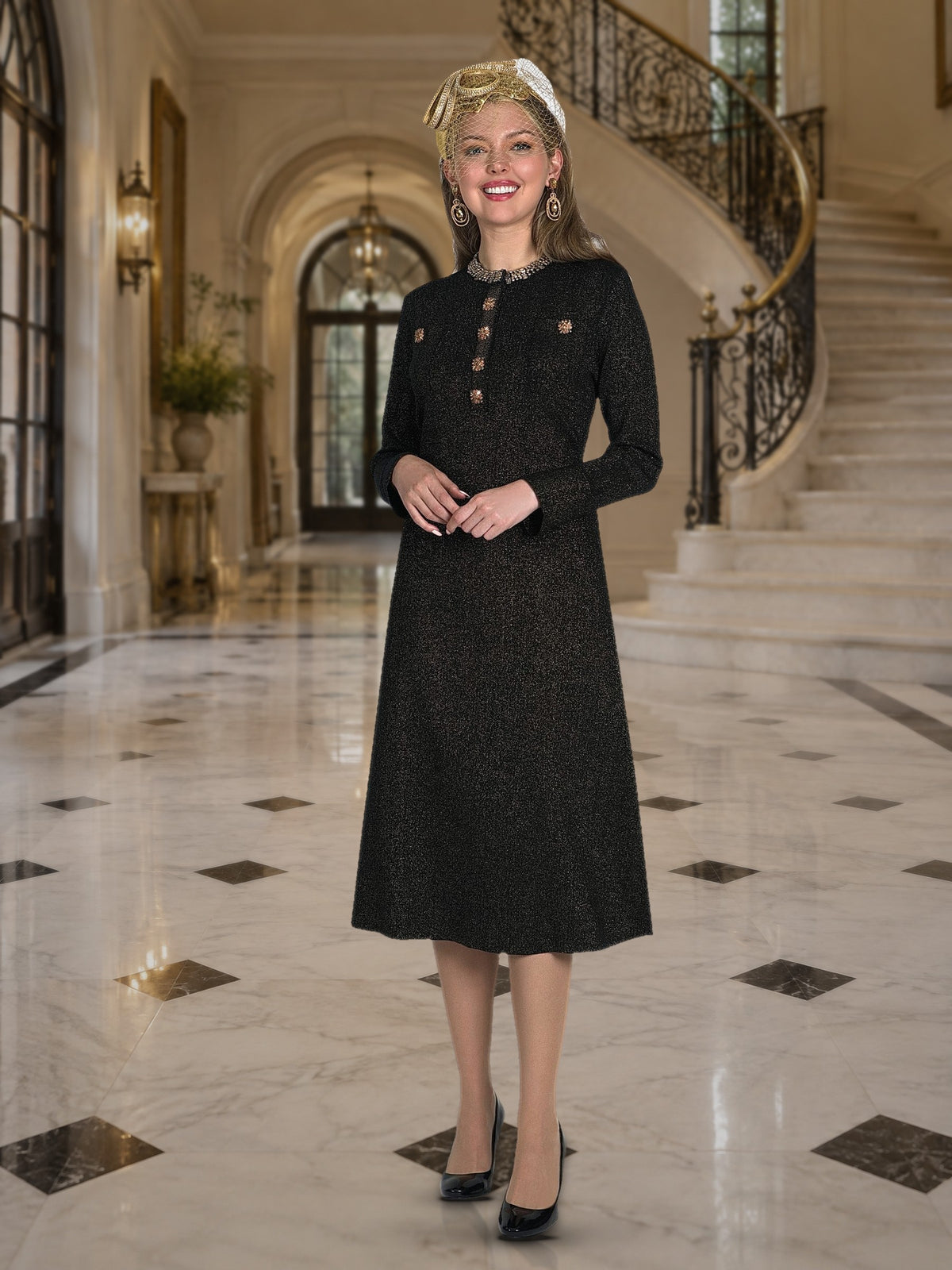 Fine Metallic Knit Dress w/ Trimmed Braided Kneckline and Rhinestone Buttons
