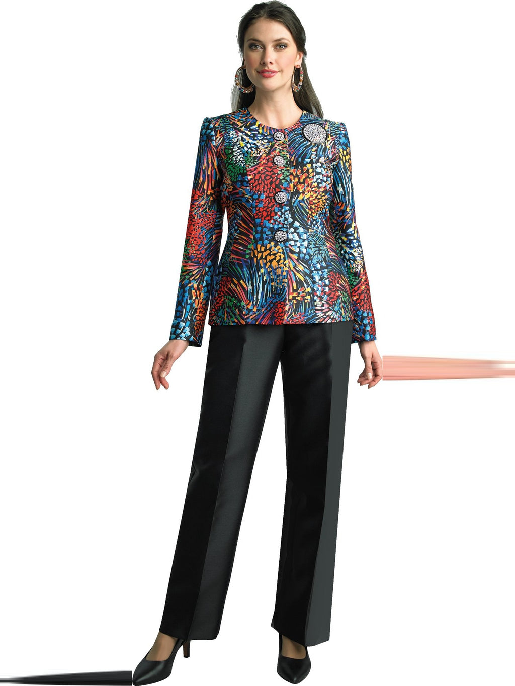 Lily & Taylor 2-Piece Silky Twill Pant Suit w/ Rhinestone Buttons and Brooch