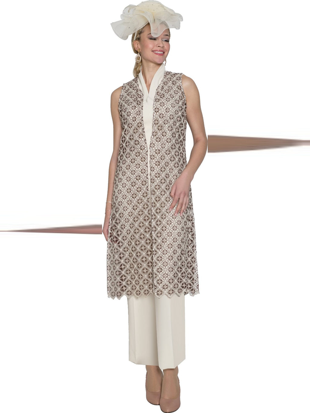 Lily & Taylor 3-Piece French Crepe Pant Suit w/ Lace Vest Duster