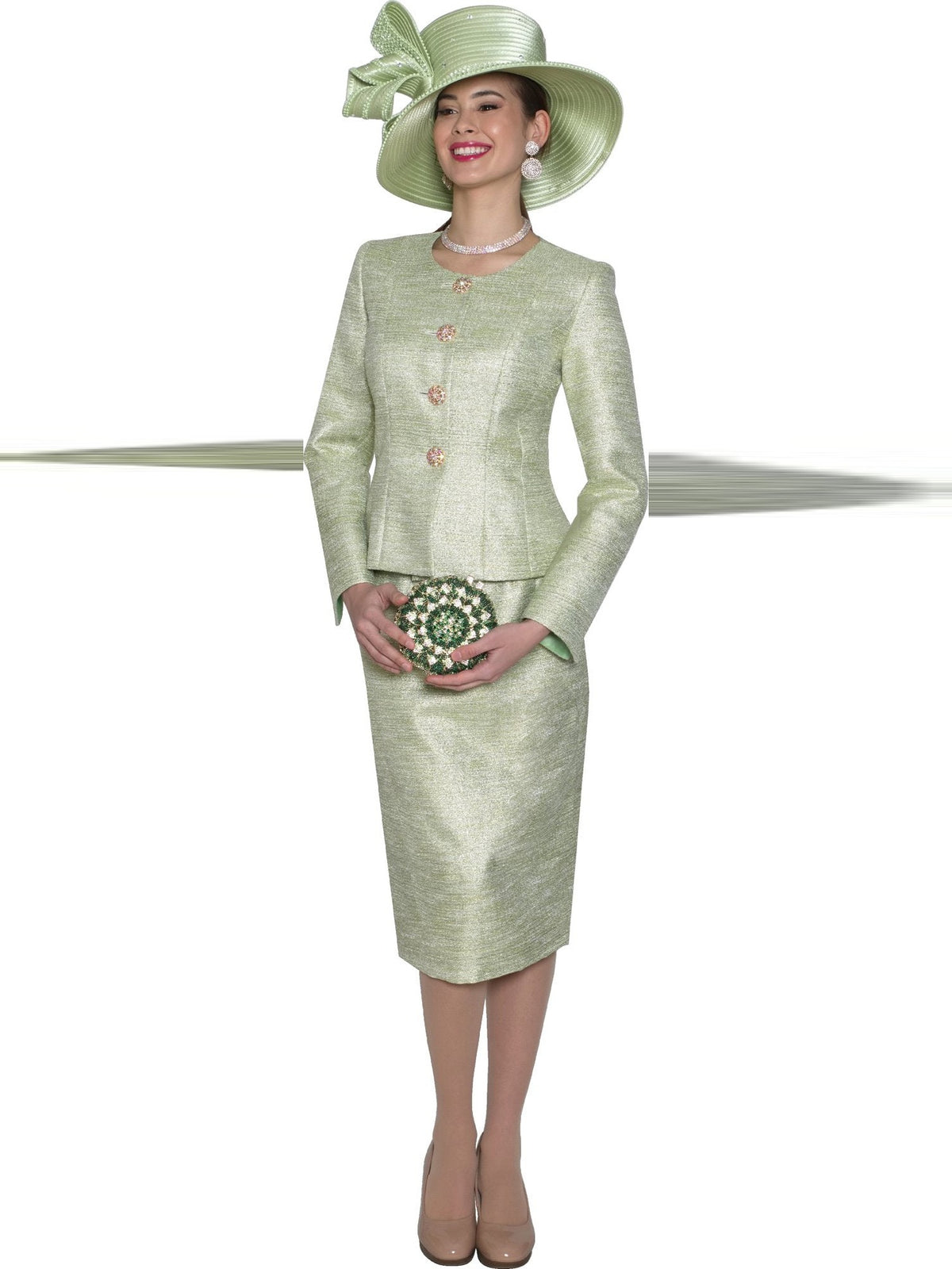 Lily & Taylor 2-Piece Elegant Shimmer Novelty Skirt Suit w/ Rhinestone Buttons