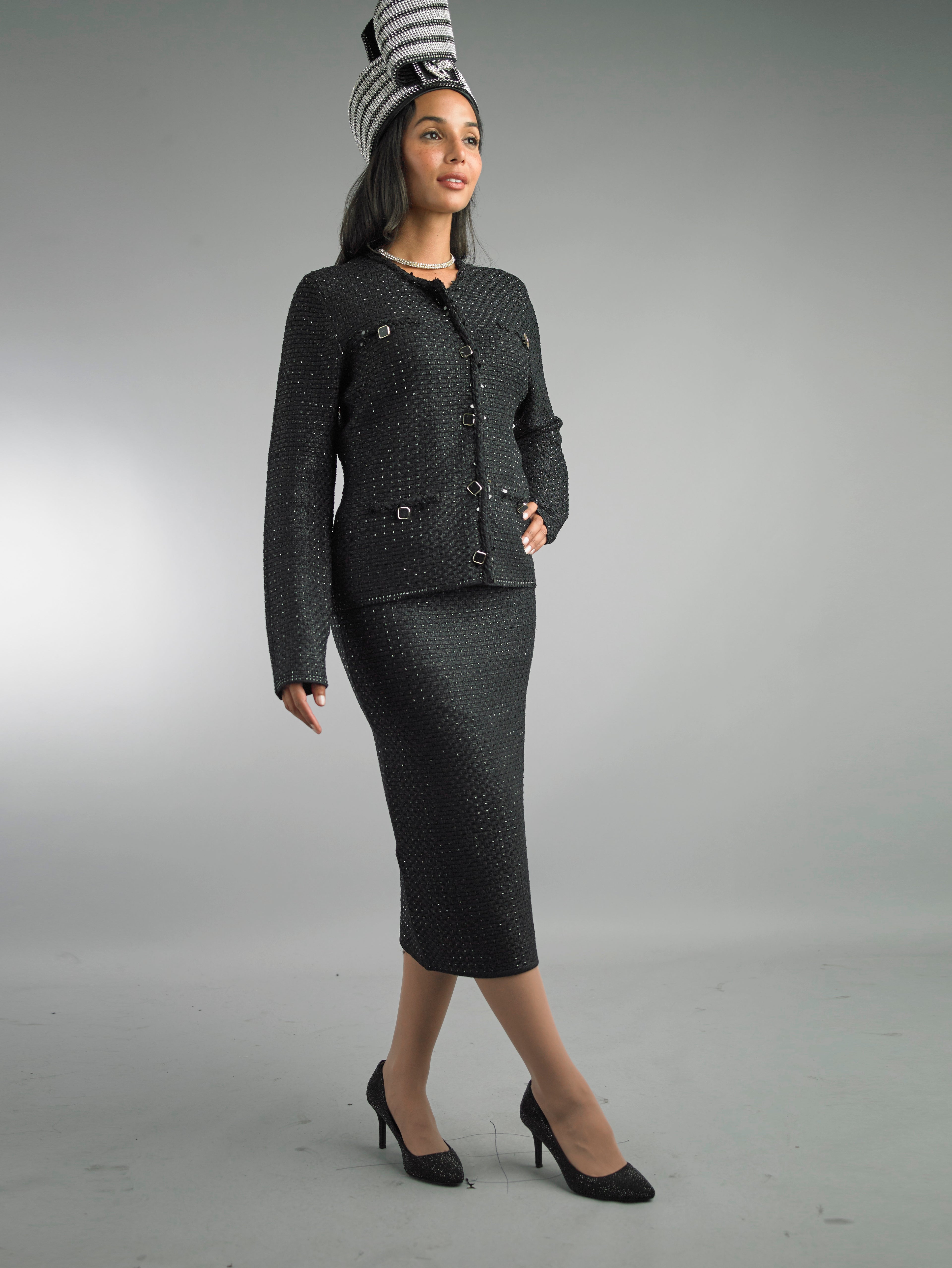 840 - 2 Piece Long Sleeve Mid-Length Knit Skirt Suit