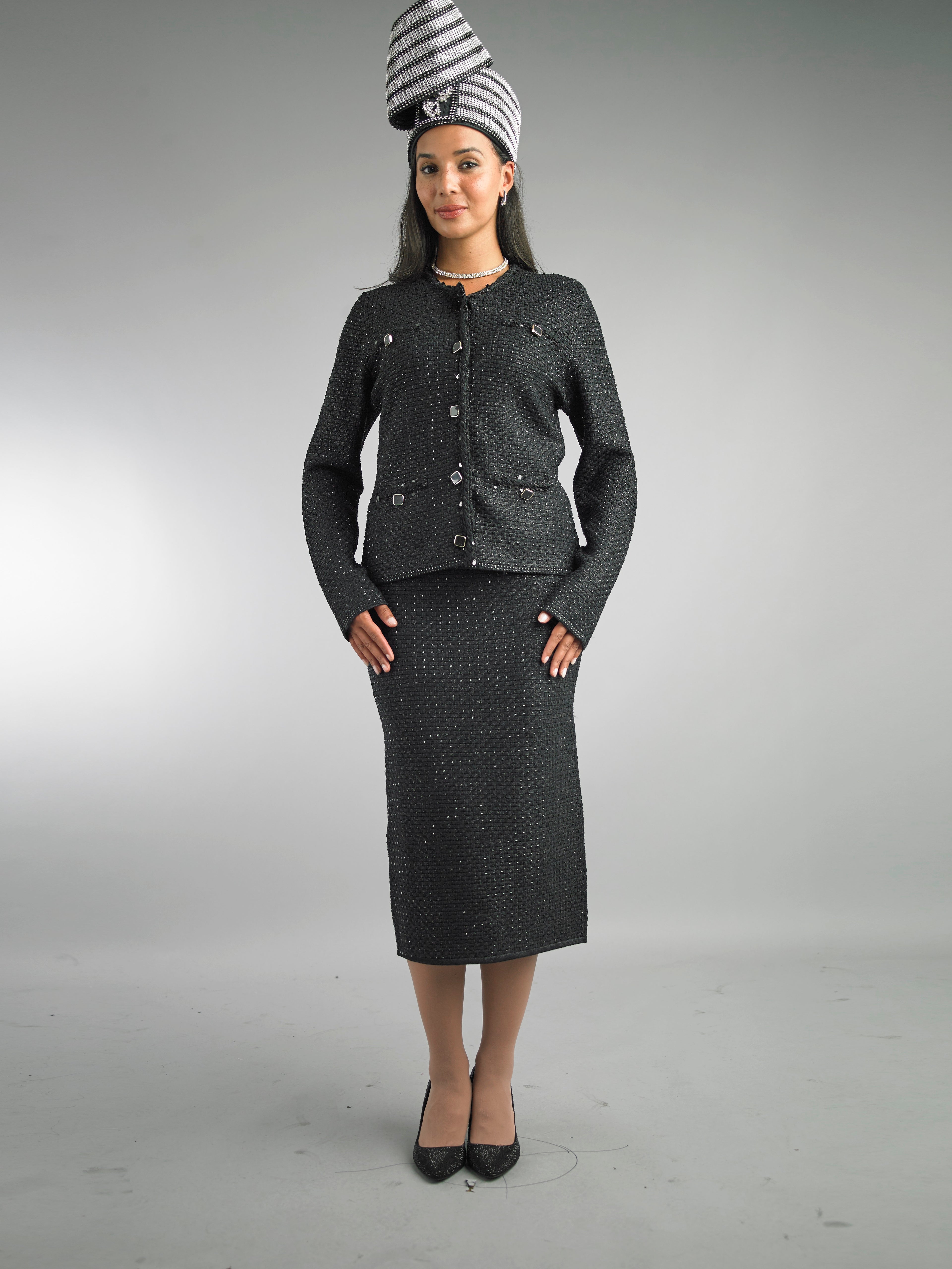 840 - 2 Piece Long Sleeve Mid-Length Knit Skirt Suit