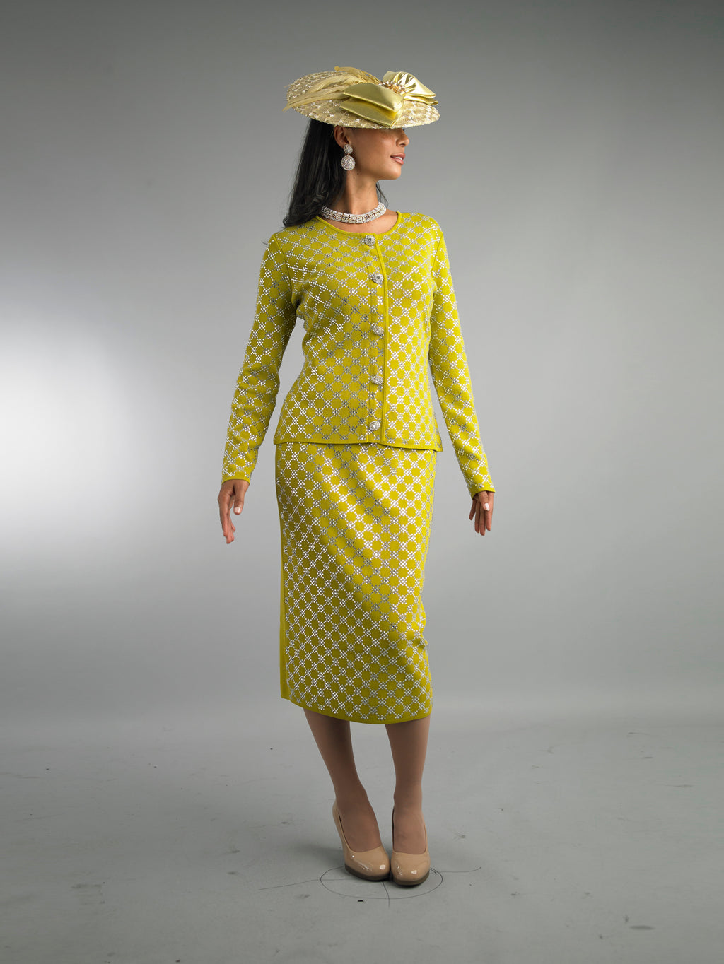 853 - 2 Piece Long Sleeve Mid-Length Skirt Suit