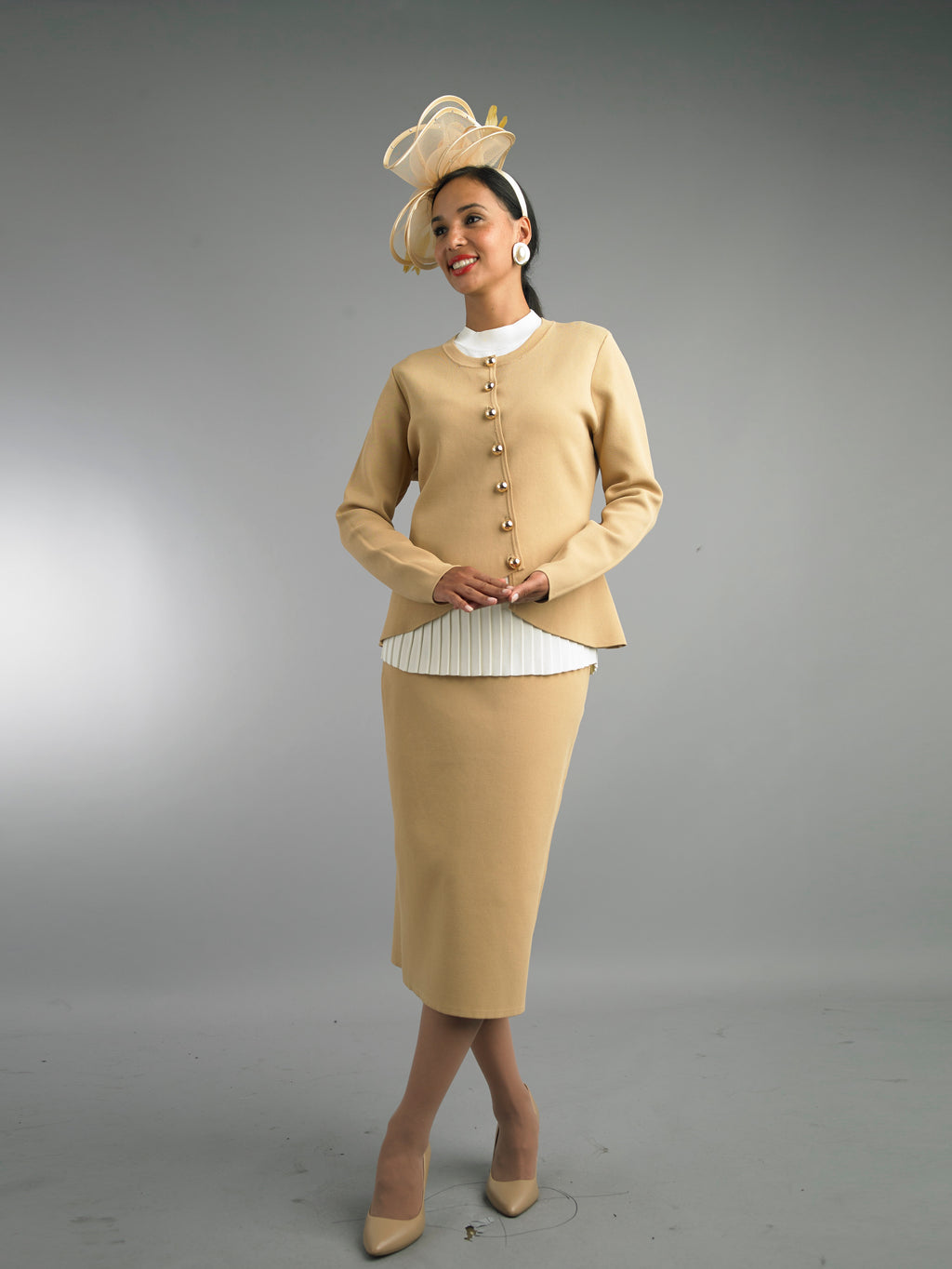 861 - 2 Piece Long Sleeve Mid-Length Skirt Suit