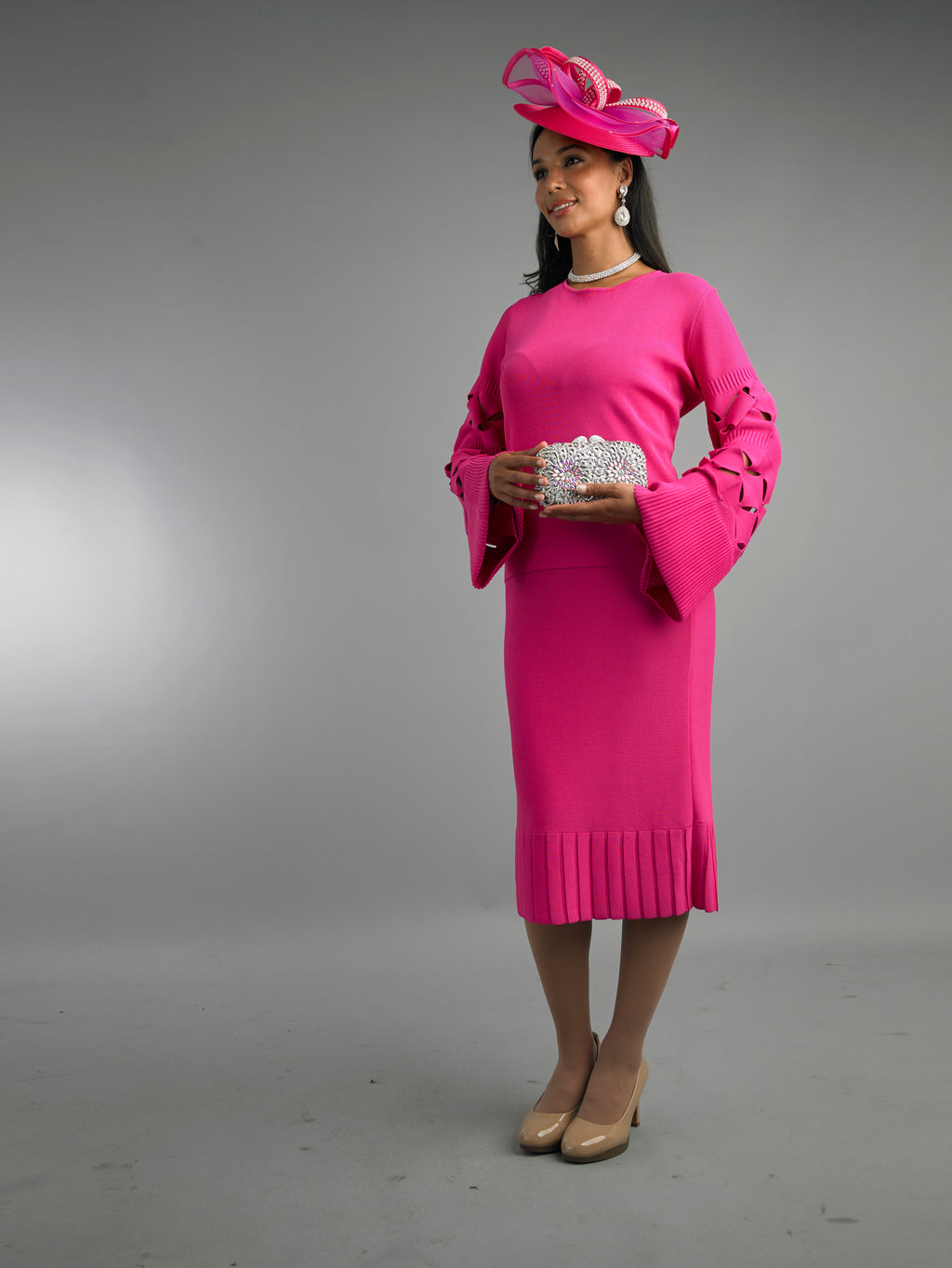 879 - 2 Piece Long sleeve Mid-Length Blouse & Skirt Set