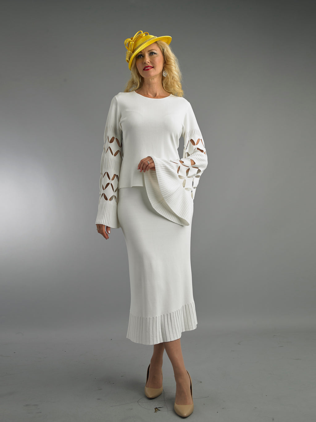 879 - 2 Piece Long sleeve Mid-Length Blouse & Skirt Set