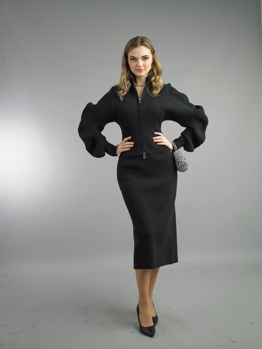 887 - 2 Piece Long Sleeve Mid-Length Skirt Suit