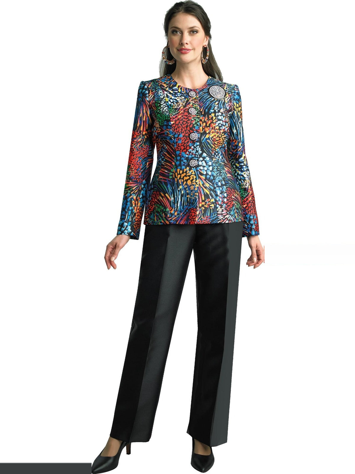 2-Piece Silky Twill Pant Suit w/ Rhinestone Buttons and Brooch