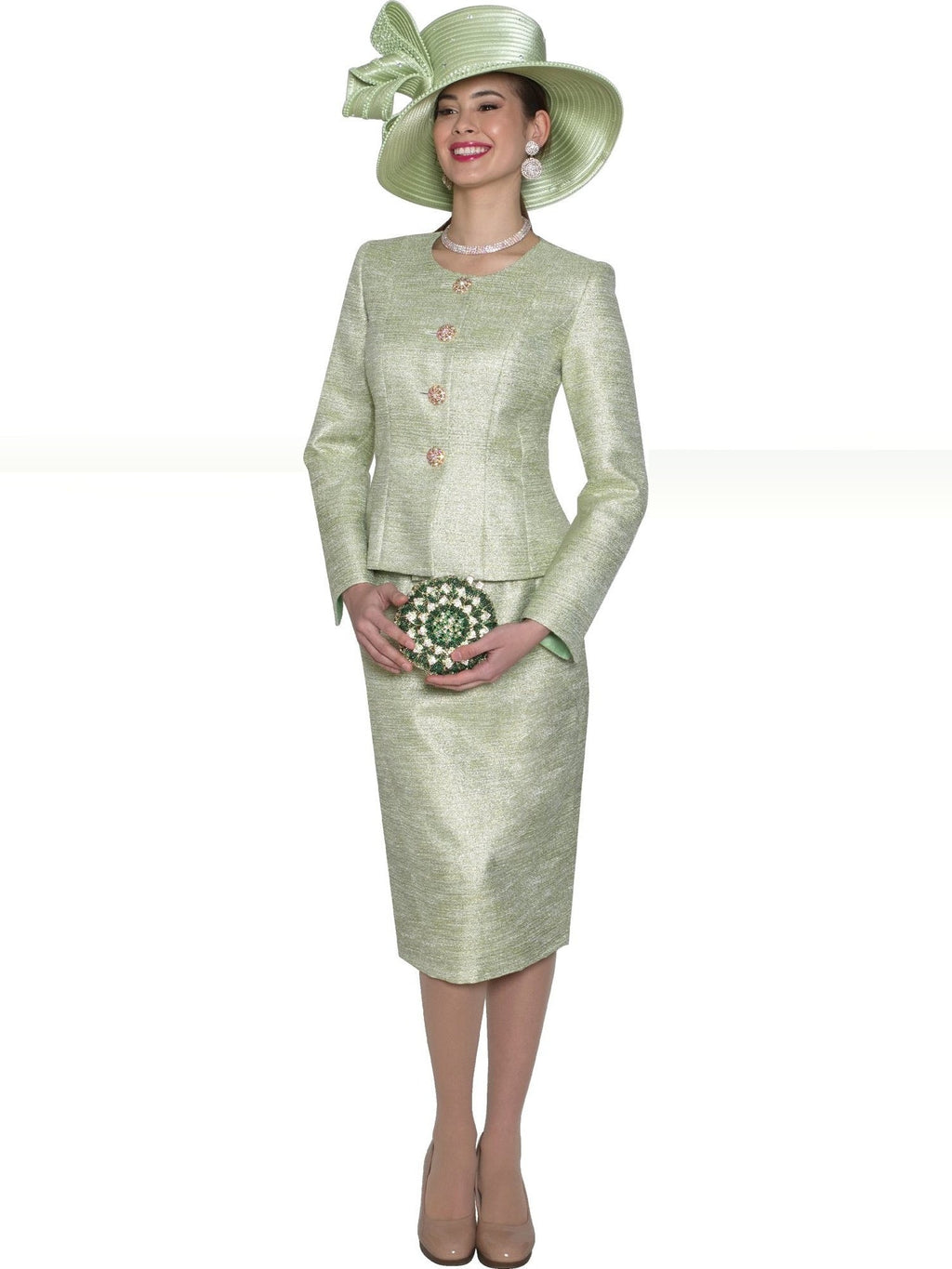 2-Piece Elegant Shimmer Novelty Skirt Suit w/ Rhinestone Buttons