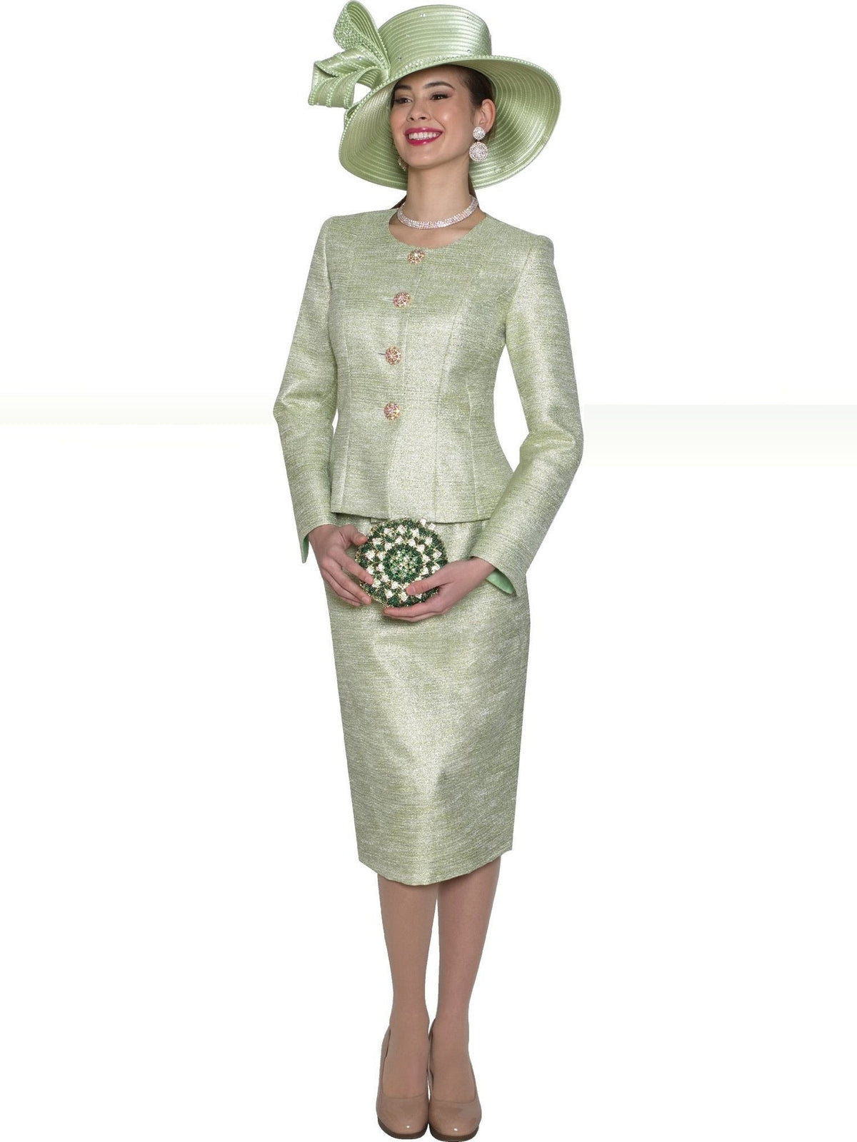2-Piece Elegant Shimmer Novelty Skirt Suit w/ Rhinestone Buttons