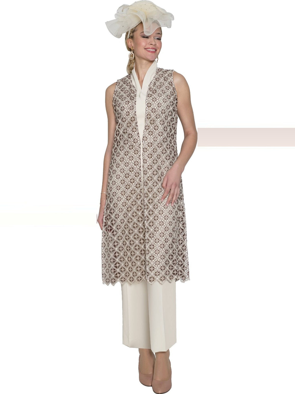 3-Piece French Crepe Pant Suit w/ Lace Vest Duster