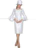 Light Jacquard Dress w/ Ruffle Sleeves & Rhinestone Brooch