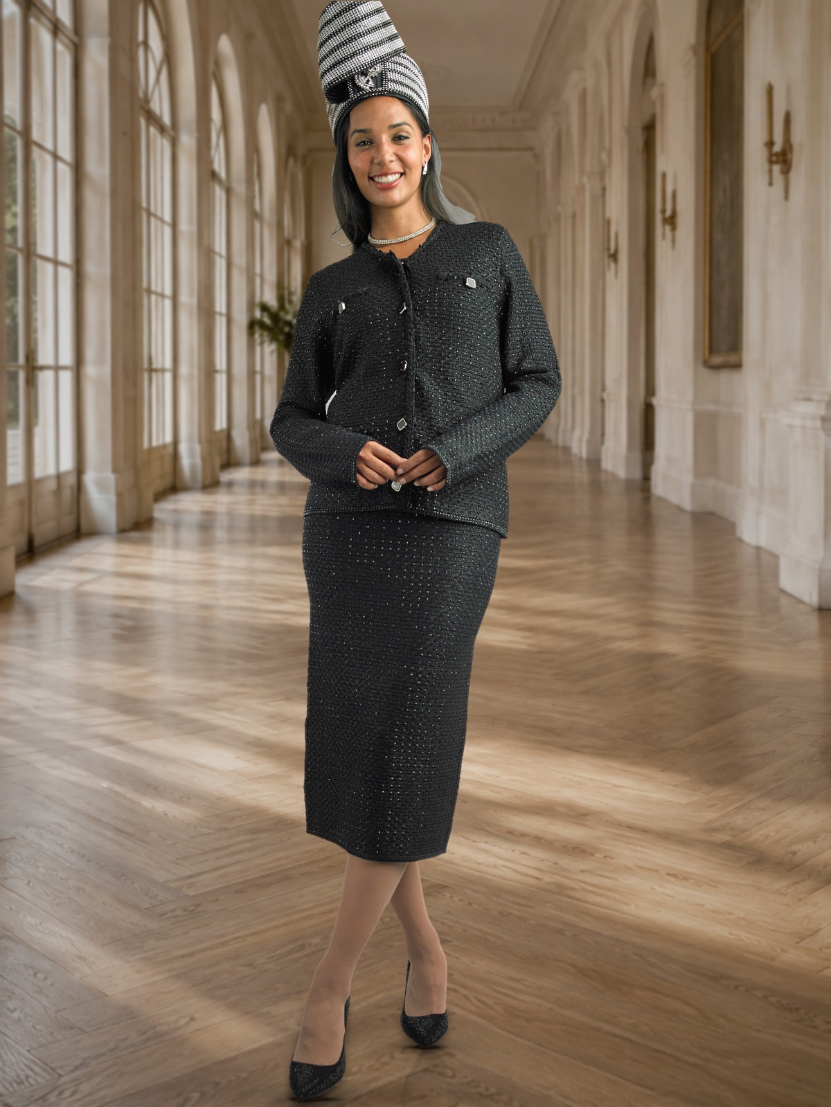 2-Piece Long Sleeve Mid-Length Knit Skirt Suit