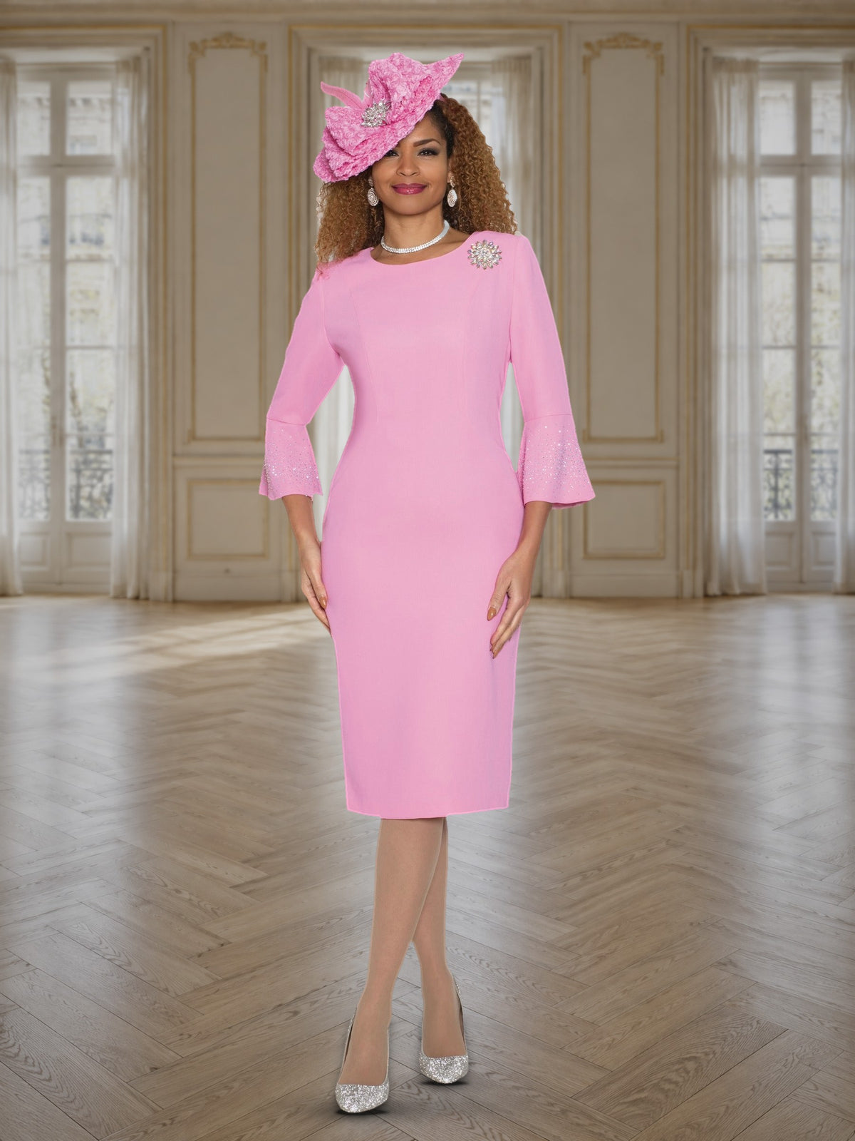 French Crepe Dress w/ Rhinestone Sleeves & Brooch