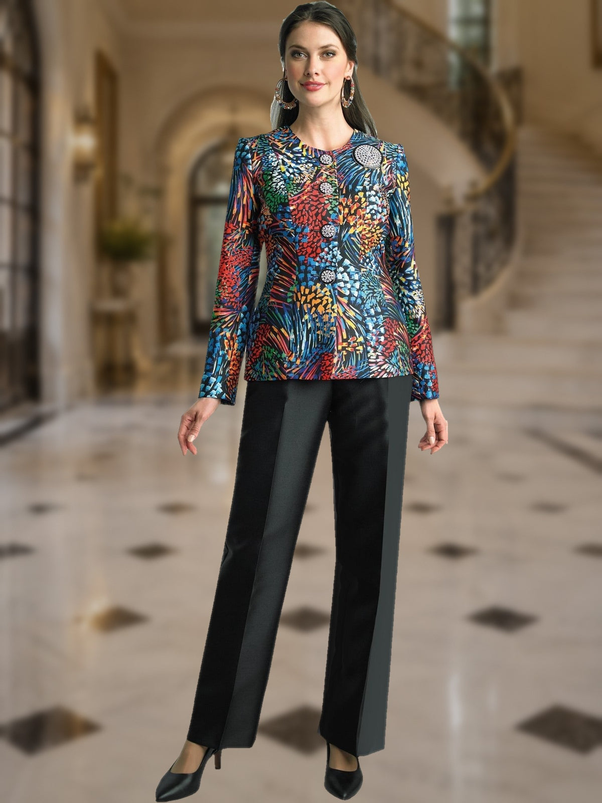 2-Piece Silky Twill Pant Suit w/ Rhinestone Buttons and Brooch