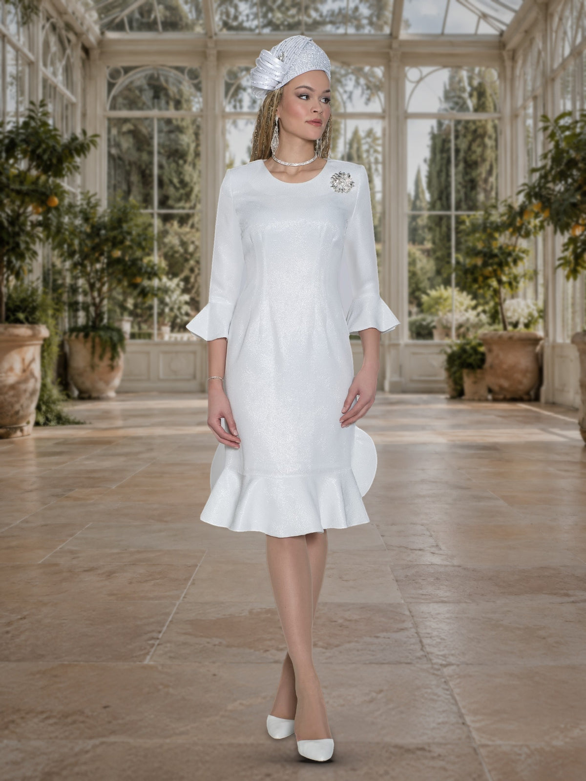 Light Brocade Dress w/ Rhinestone Brooch