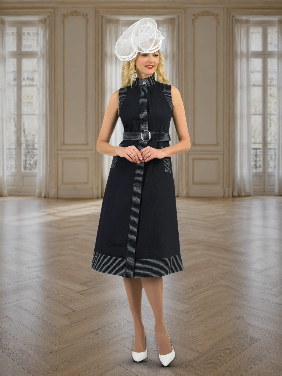 Stretch Denim Dress w/ Contrast Stitch Trim and Removable Belt