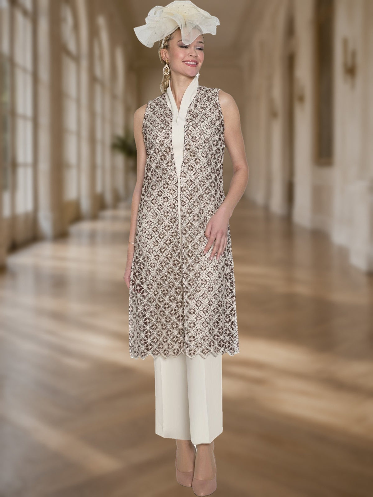 3-Piece French Crepe Pant Suit w/ Lace Vest Duster