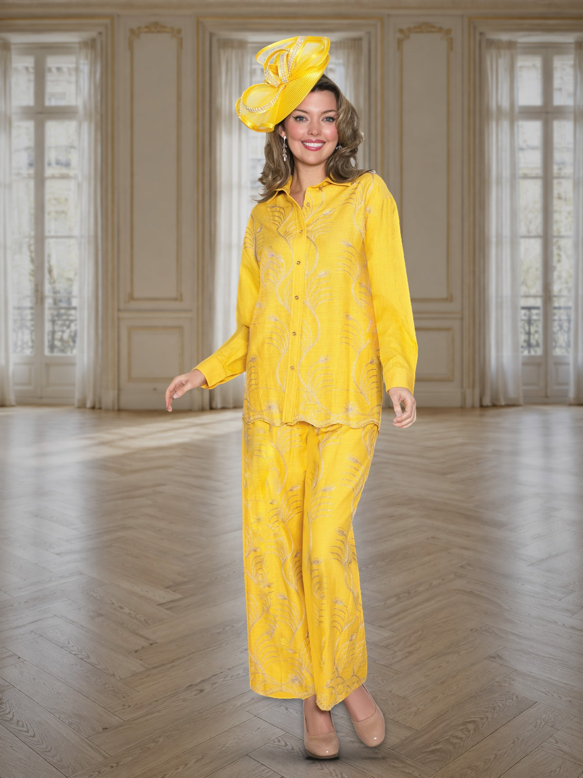 2-Piece Embroidery Pant Suit w/ Cuff Sleeves