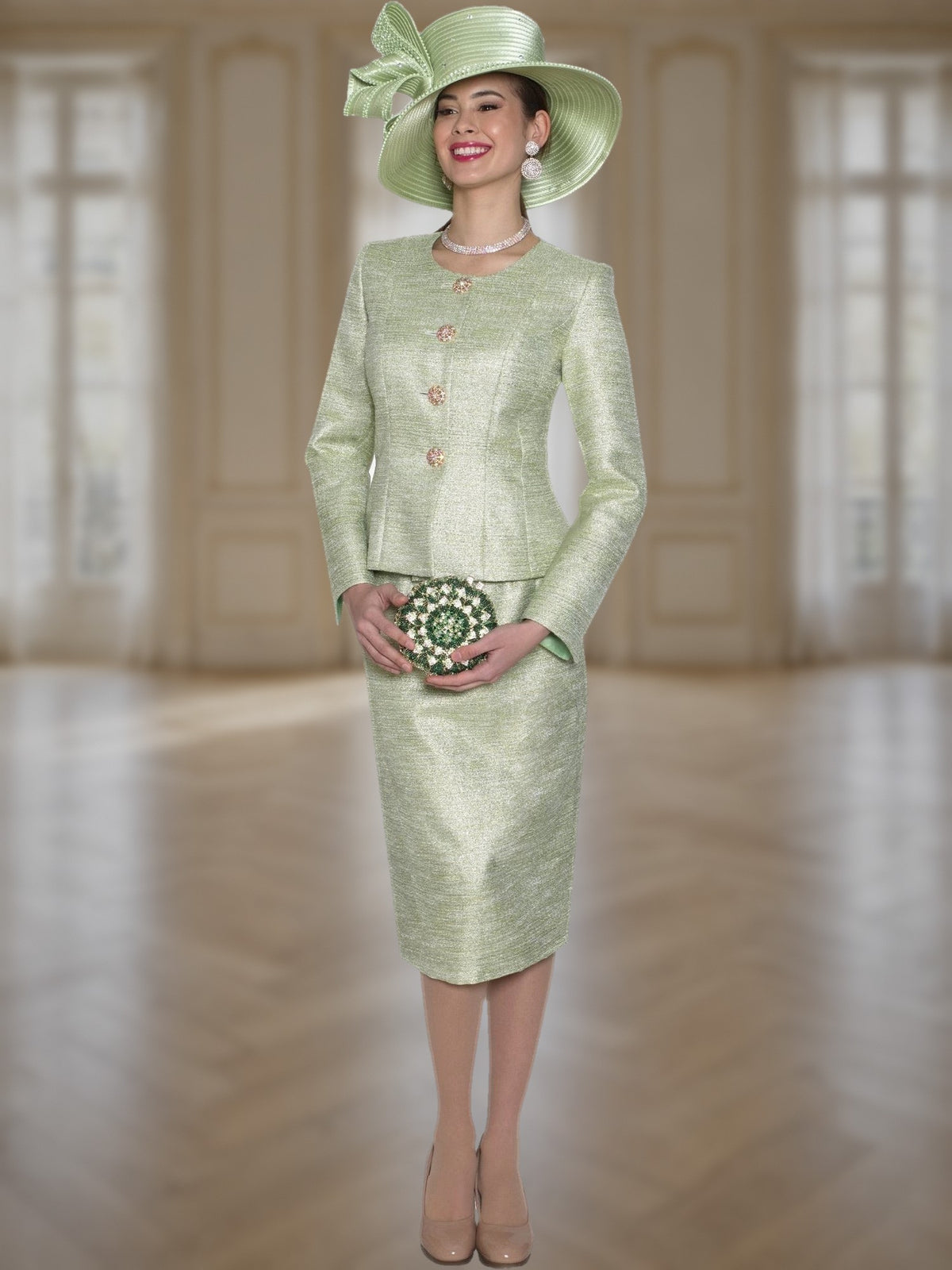 2-Piece Elegant Shimmer Novelty Skirt Suit w/ Rhinestone Buttons