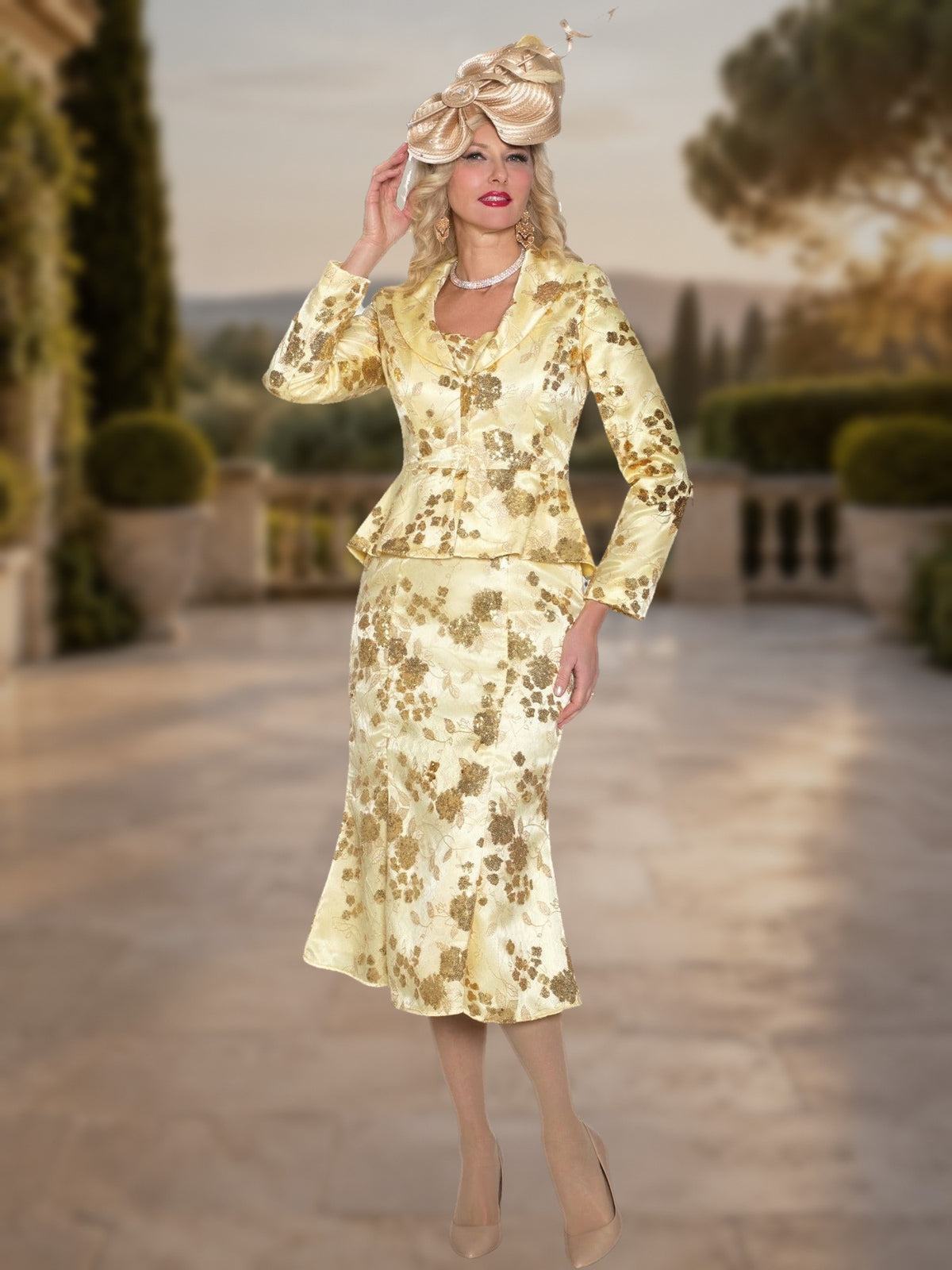 2-Piece Light Sequin Lace Skirt Suit w/ Zipper Front Jacket
