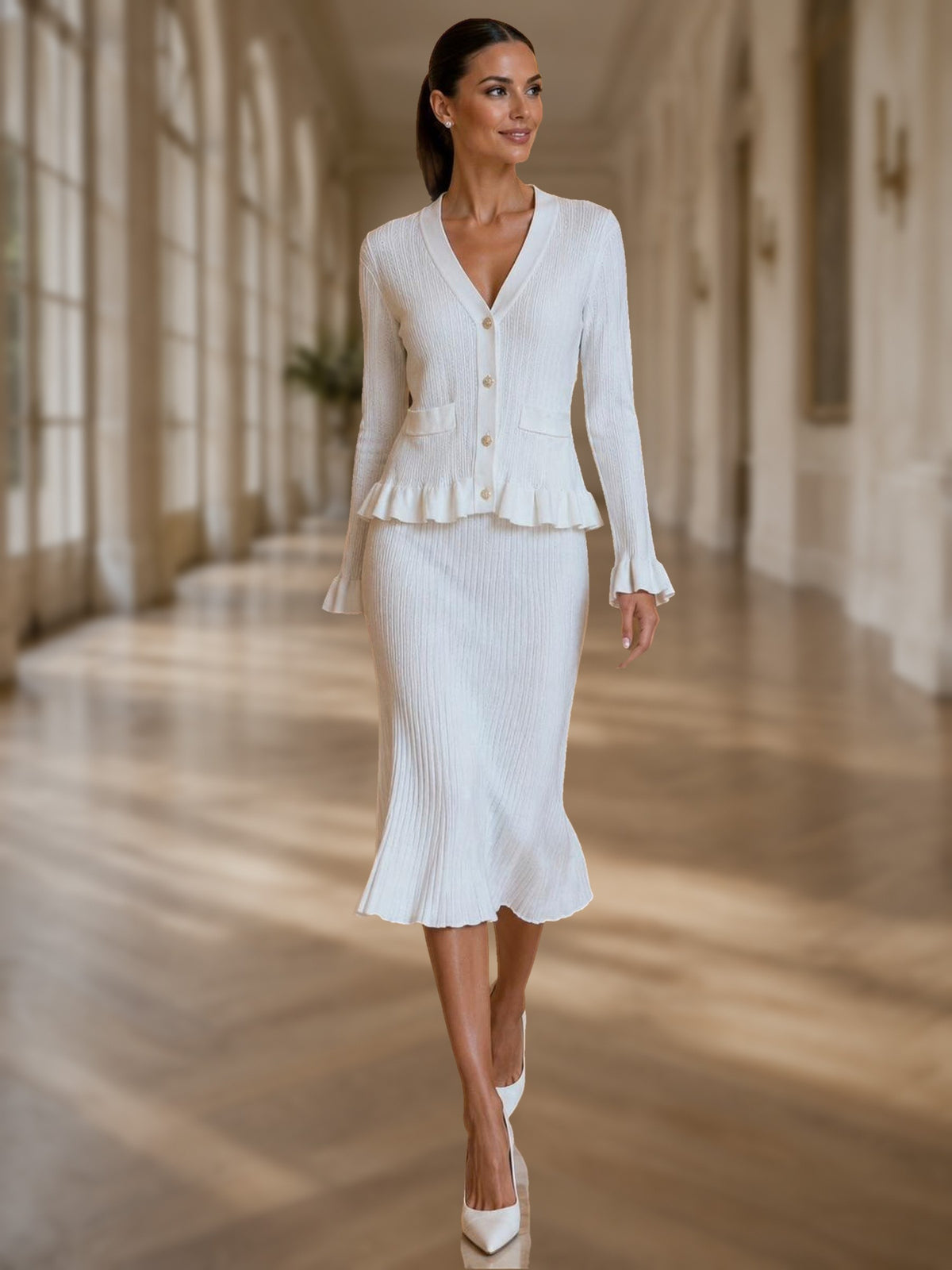 3-Piece Fine Knit Skirt Suit w/ Flattering Sleeves and Skirt