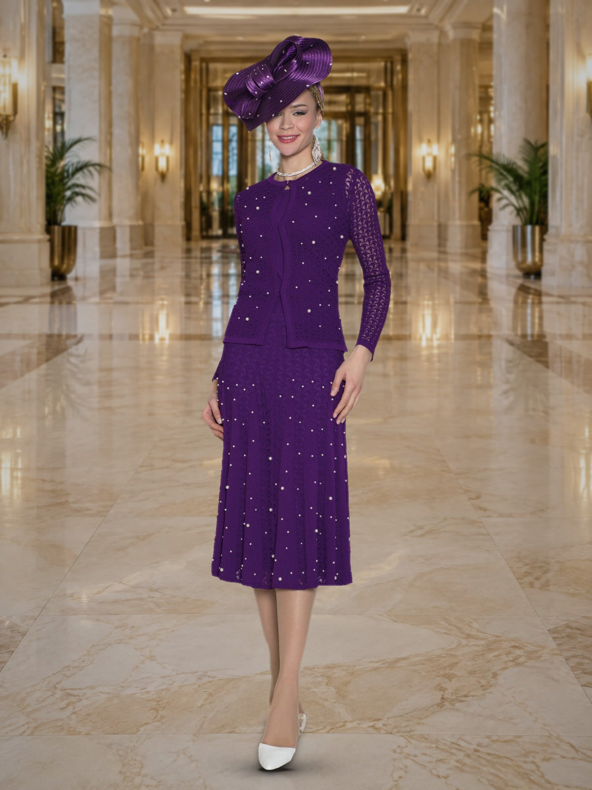 3-Piece Fine Crochet Knit Skirt Suit w/ Scattered Rhinestones
