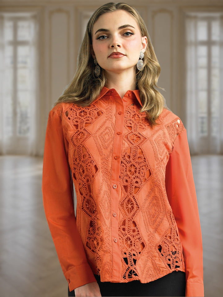 2-Piece Cotton Blend Blouse w/ Lace Embroidery Trimming