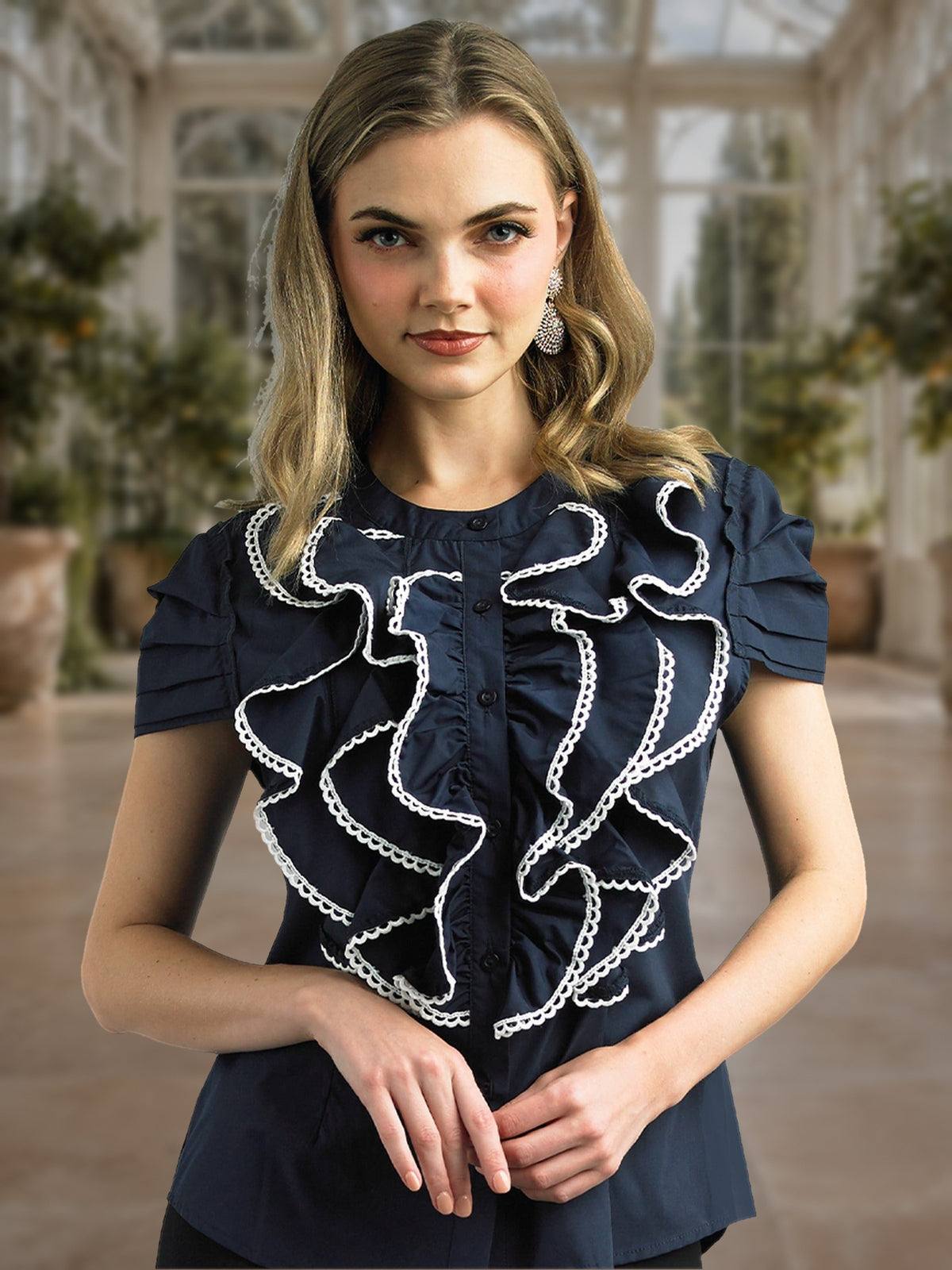 Cotton Blend Blouse Cap Sleeve w/ Contrast Lace Trimming