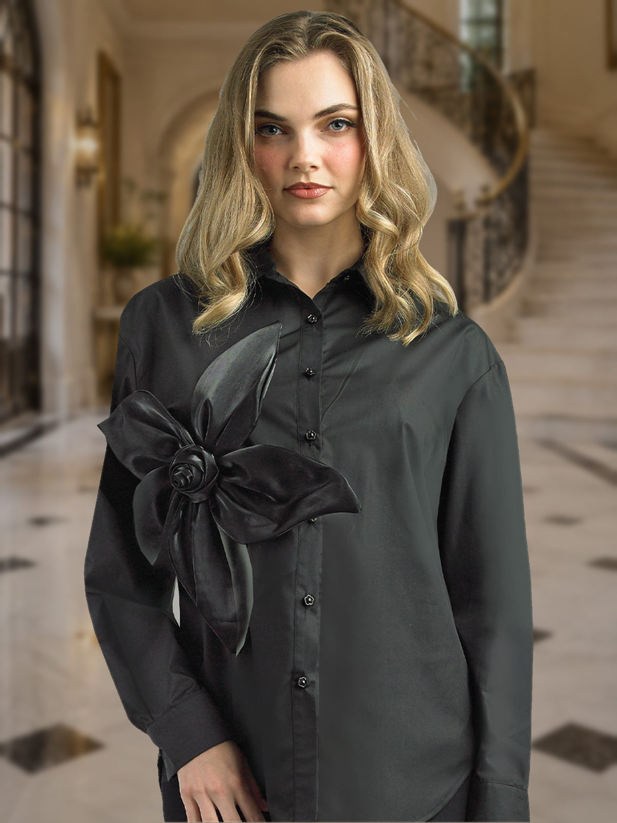 Cotton Blend Blouse w/ 3d Front Flower Design