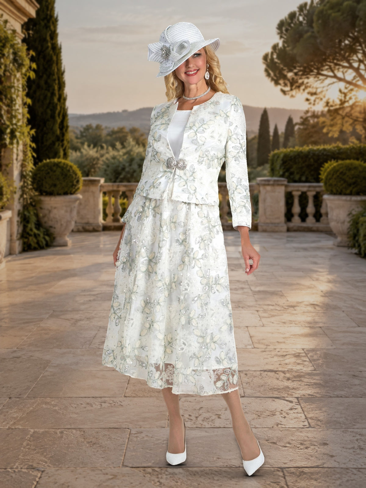 3-Piece Fine Beaded Skirt Suit w/ Rhinestone Closure